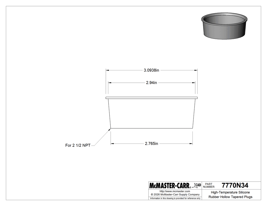 Technical Drawing of High-Temperature Silicone Rubber Hollow Tapered Plugs, for 2-1/2 Pipe Size, for 2.765" to 2.94" ID.